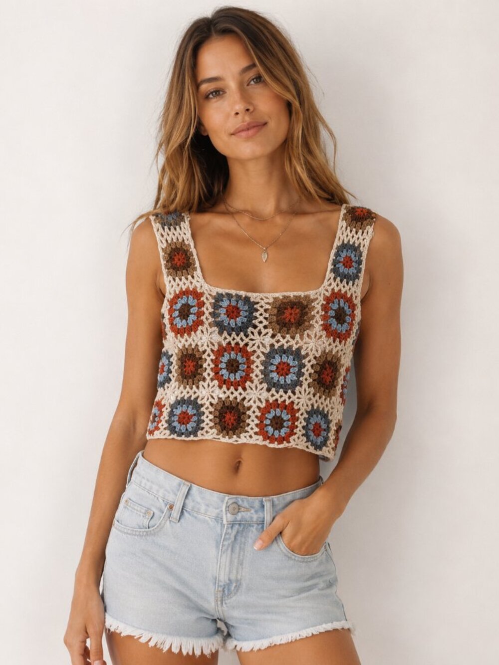 RSQ Granny Square Crochet Crop Tank Medium Boho Festival 70s Retro Floral Top - Picture 3 of 8